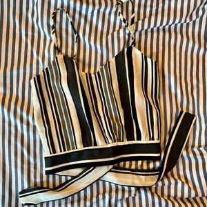 Gray, Black, and White Striped Tie Chic Crop-Top